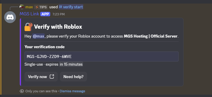 Verification prompt sent by the MGS Link bot in Discord