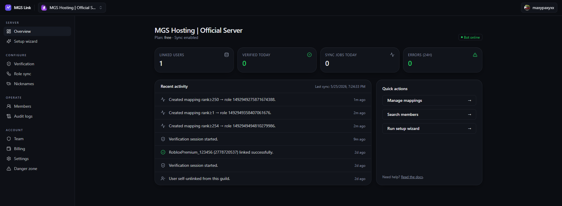 MGS Link dashboard overview